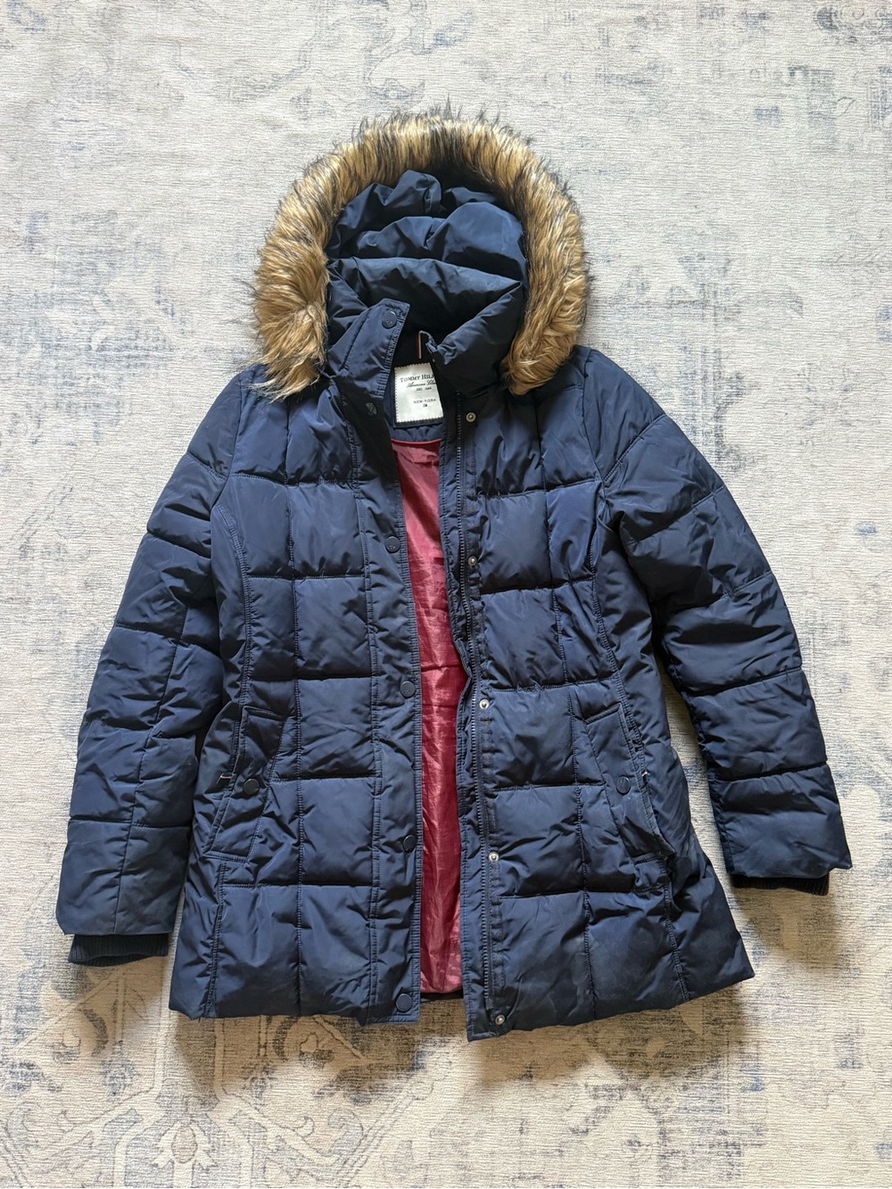 Tommy Hilfiger Navy Puffer Coat with Faux Fur Hood
